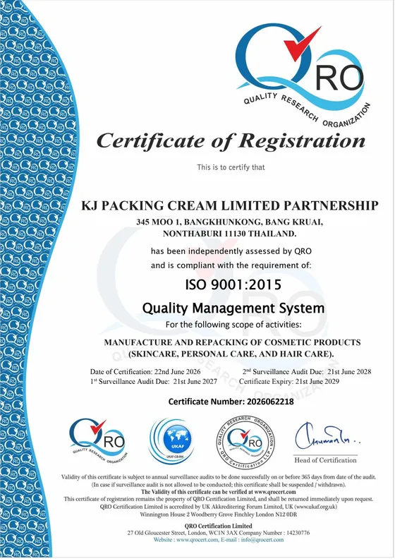 ใบรับรอง ISO 9001:2015 ของ KJ Packing Cream